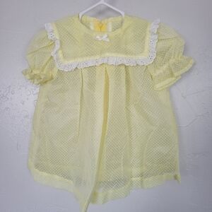 Vintage Yellow Dress Baby Girl Polka Dot Overlay Sheer Sailor Collar Spring